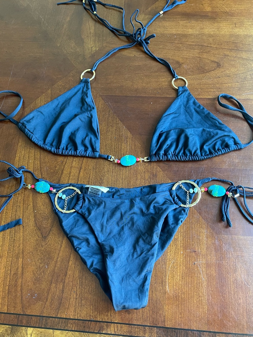 BEACH BUNNY bikini Black Triangle Bikini Set with Turquoise Accents size XL set